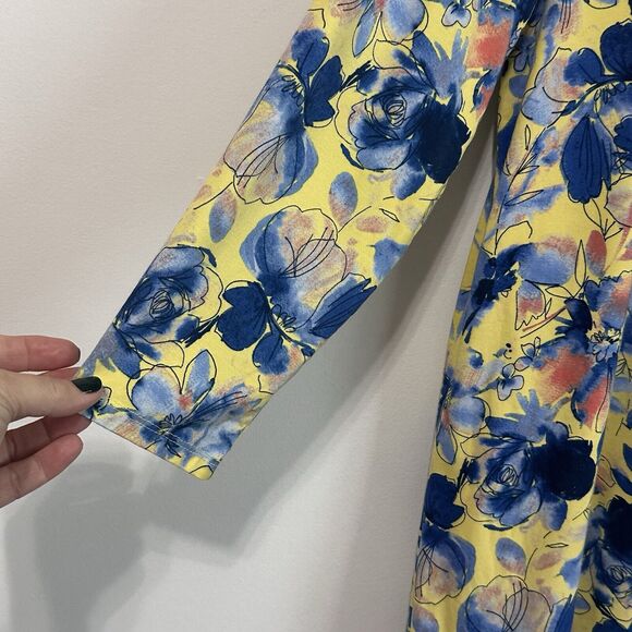 LOGO Lori Goldstein Top Tunic S Yellow Blue Floral Asymmetric Hem Pocket Casual - Picture 4 of 11